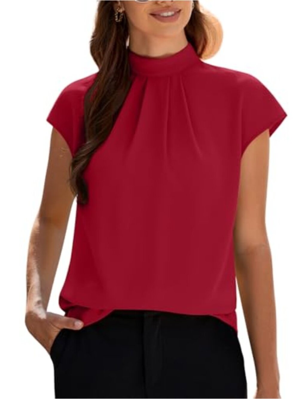 Womens Chiffon Mock Neck Cap Sleeve Pleated Tunic Blouse Business Casual
